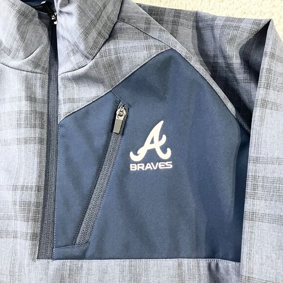 G III Atlanta Braves Sweater Mens Large Blue Plaid 1/2 Zip Pullover Logo - Picture 2 of 7